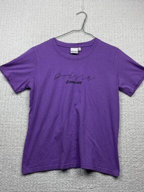ICHI Purple Artsy Boho T-shirt Women Sz L "Poésie D'amour" Script Graphic Tee